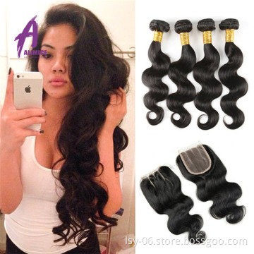 Best Unprocessed Raw brazilian hair bundles body wave Sew in weaving With lace closure